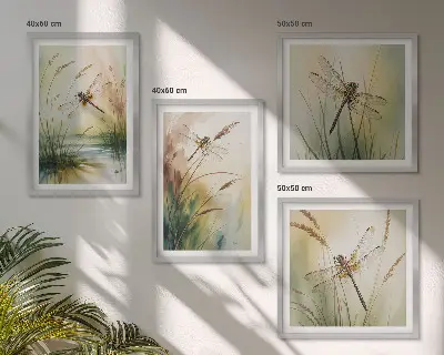 Set de 4 cuadros para salón con diseño de pintura al agua de libélulas y hierba