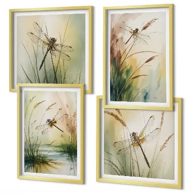 Set de 4 cuadros para salón con diseño de pintura al agua de libélulas y hierba