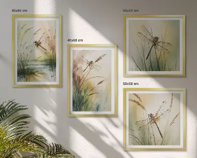 Set de 4 cuadros para salón con diseño de pintura al agua de libélulas y hierba