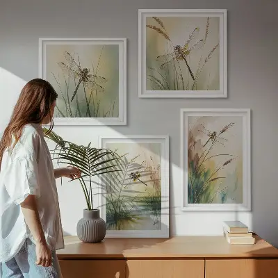 Set de 4 cuadros para salón con diseño de pintura al agua de libélulas y hierba