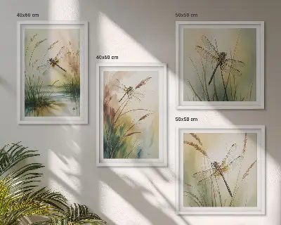 Set de 4 cuadros para salón con diseño de pintura al agua de libélulas y hierba