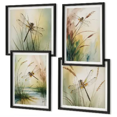 Set de 4 cuadros para salón con diseño de pintura al agua de libélulas y hierba