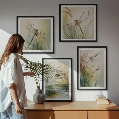 Set de 4 cuadros para salón con diseño de pintura al agua de libélulas y hierba
