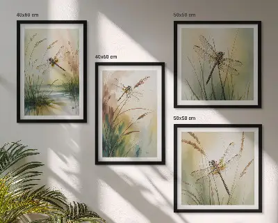 Set de 4 cuadros para salón con diseño de pintura al agua de libélulas y hierba