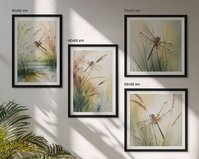 Set de 4 cuadros para salón Pintura al agua de libélulas y hierba