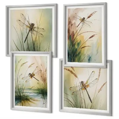 Set de 4 cuadros para salón con diseño de pintura al agua de libélulas y hierba