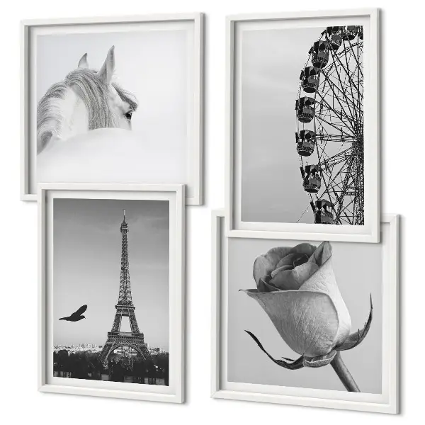 Set de cuadros modernos para salón con diseño de la Torre Eiffel, caballo y noria en blanco y negro