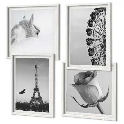 Set de cuadros modernos para salón con diseño de la Torre Eiffel, caballo y noria en blanco y negro