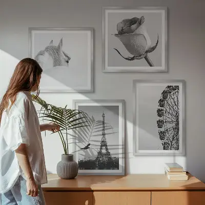 Set de cuadros modernos para salón con diseño de la Torre Eiffel, caballo y noria en blanco y negro