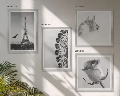 Set de cuadros modernos para salón con diseño de la Torre Eiffel, caballo y noria en blanco y negro