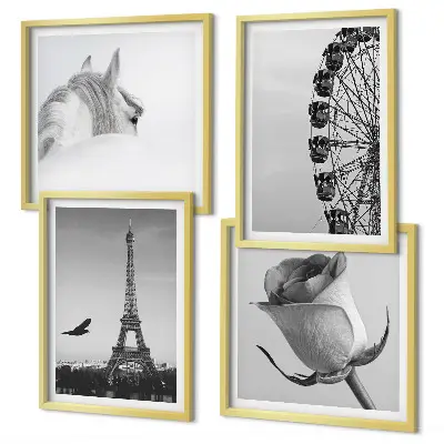Set de cuadros modernos para salón con diseño de la Torre Eiffel, caballo y noria en blanco y negro