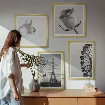 Set de cuadros modernos para salón con diseño de la Torre Eiffel, caballo y noria en blanco y negro