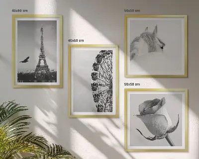 Set de cuadros modernos para salón con diseño de la Torre Eiffel, caballo y noria en blanco y negro