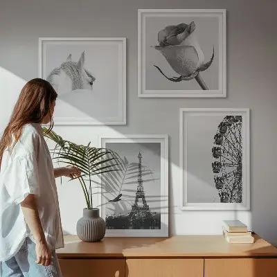 Set de cuadros modernos para salón con diseño de la Torre Eiffel, caballo y noria en blanco y negro