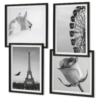 Set de cuadros modernos para salón con diseño de la Torre Eiffel, caballo y noria en blanco y negro