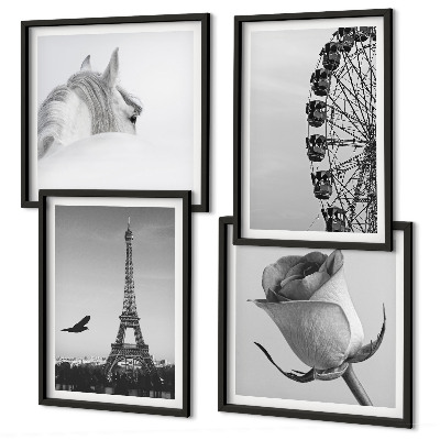 Set de cuadros modernos para salón Rosa Torre Eiffel Caballo Noria Blanco y negro