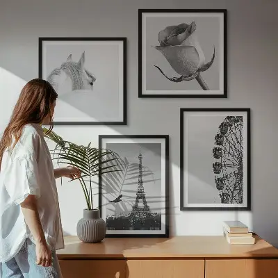 Set de cuadros modernos para salón con diseño de la Torre Eiffel, caballo y noria en blanco y negro