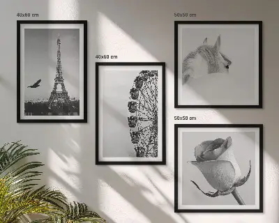 Set de cuadros modernos para salón con diseño de la Torre Eiffel, caballo y noria en blanco y negro