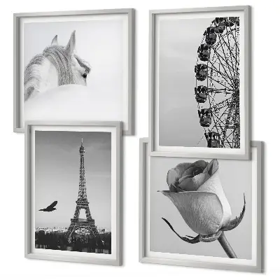 Set de cuadros modernos para salón con diseño de la Torre Eiffel, caballo y noria en blanco y negro