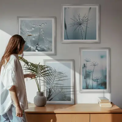Set de 4 cuadros para salón diseño de gotas de agua sobre diente de león