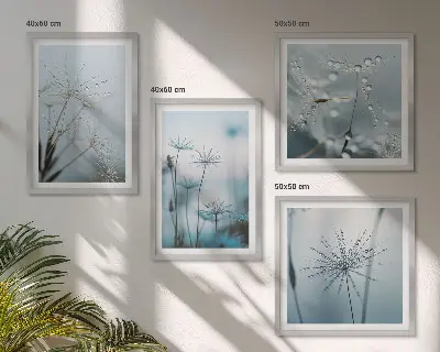 Set de 4 cuadros para salón diseño de gotas de agua sobre diente de león