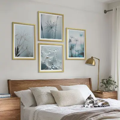 Set de 4 cuadros para salón diseño de gotas de agua sobre diente de león