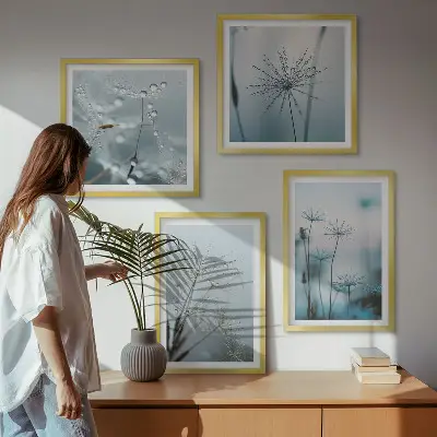Set de 4 cuadros para salón diseño de gotas de agua sobre diente de león
