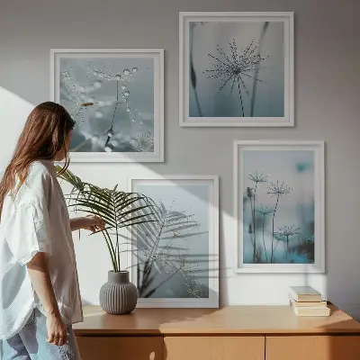 Set de 4 cuadros para salón diseño de gotas de agua sobre diente de león