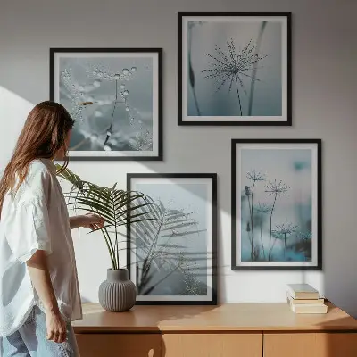 Set de 4 cuadros para salón diseño de gotas de agua sobre diente de león