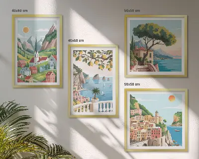 Galería de pared paisajes marinos y frutas cítricas