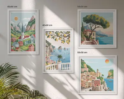 Galería de pared paisajes marinos y frutas cítricas