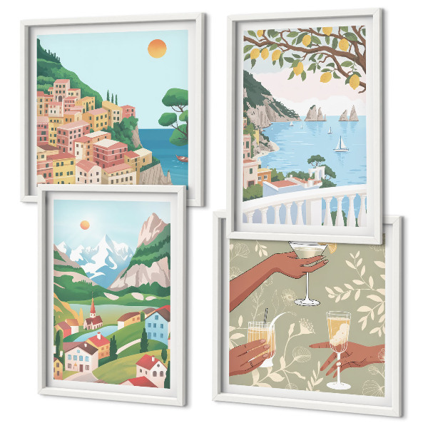 Set de cuadros modernos para salón Casas de colores pastel junto al mar