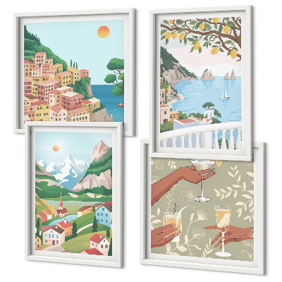 Set de cuadros modernos para salón Casas de colores pastel junto al mar