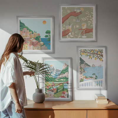 Set de cuadros modernos para salón Casas de colores pastel junto al mar