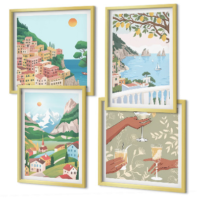 Set de cuadros modernos para salón Casas de colores pastel junto al mar