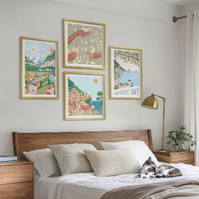 Set de cuadros modernos para salón Casas de colores pastel junto al mar