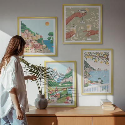 Set de cuadros modernos para salón Casas de colores pastel junto al mar