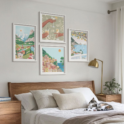 Set de cuadros modernos para salón Casas de colores pastel junto al mar