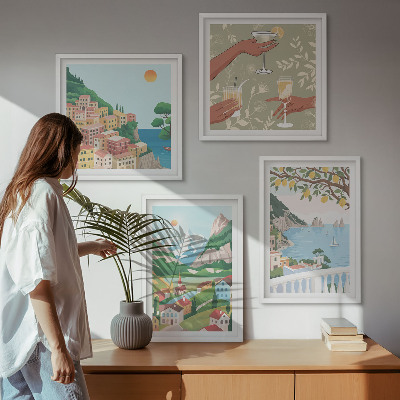 Set de cuadros modernos para salón Casas de colores pastel junto al mar