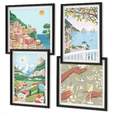 Set de cuadros modernos para salón Casas de colores pastel junto al mar