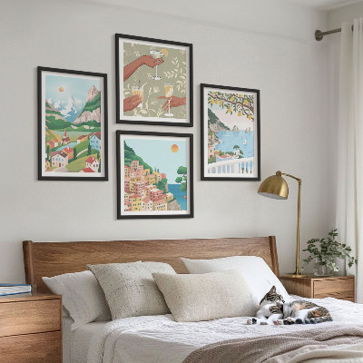 Set de cuadros modernos para salón Casas de colores pastel junto al mar