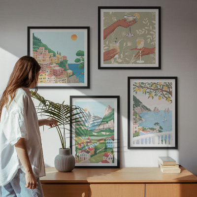 Set de cuadros modernos para salón Casas de colores pastel junto al mar