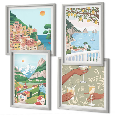 Set de cuadros modernos para salón Casas de colores pastel junto al mar