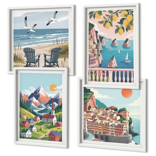 Set de 4 cuadros decorativos para salón con montañas coloridas y ciudades costeras