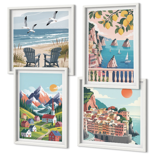 Set de 4 cuadros para salón Montañas coloridas y ciudades costeras