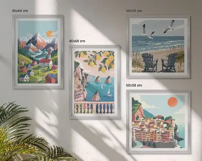 Set de 4 cuadros decorativos para salón con montañas coloridas y ciudades costeras