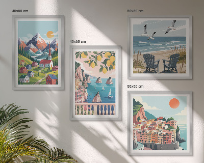 Set de 4 cuadros para salón Montañas coloridas y ciudades costeras