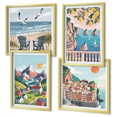Set de 4 cuadros decorativos para salón con montañas coloridas y ciudades costeras