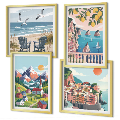 Set de 4 cuadros para salón Montañas coloridas y ciudades costeras