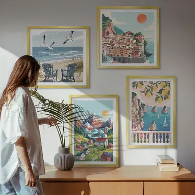 Set de 4 cuadros decorativos para salón con montañas coloridas y ciudades costeras